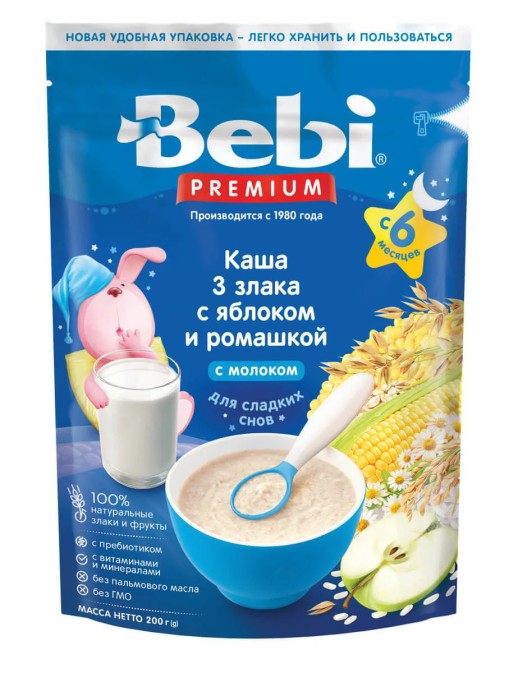 Bebi каша молочная 3 злака с яблоком и ромашкой (200г)