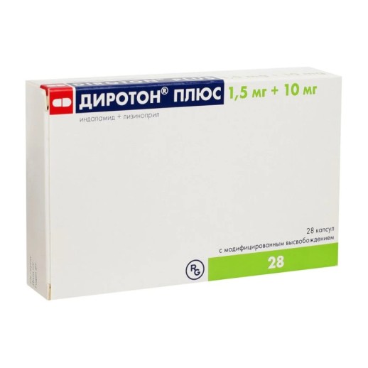 Диротон Плюс 10мг/1,5мг №28 капс.с модифиц. высвобождением (Лизиноприл+Индапамид)