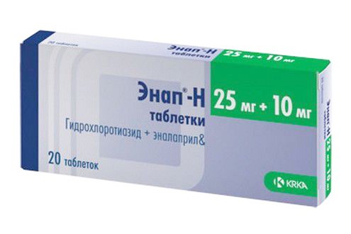 Энап Н №20 таб.(эналаприл 10мг+гидрохлортиазид 25мг)