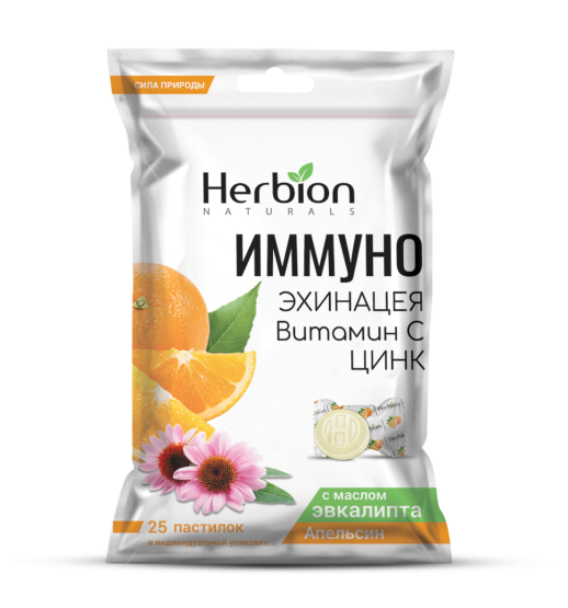 Herbion Иммуно Эхинацея,вит.С, Zn №25 пастилки со вкусом Апельсина, с маслом эвкалипта