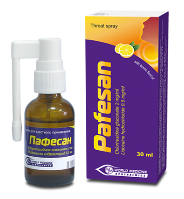 Пафесан 2/0,5мг 30мл Спрей для горла Лимон (Хлоргексидин+Лидокаин)