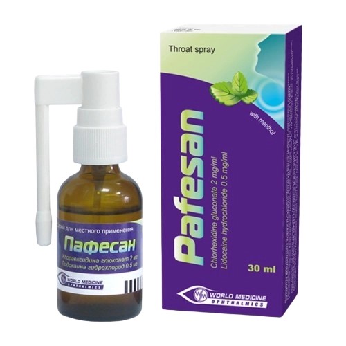 Пафесан 2/0,5мг 30мл Спрей для горла Ментол (Хлоргексидин+Лидокаин)