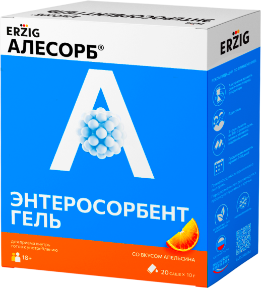 Алесорб 10г №20 пак., гель для приема внутрь вкус Апельсина (Энтеросорбент)