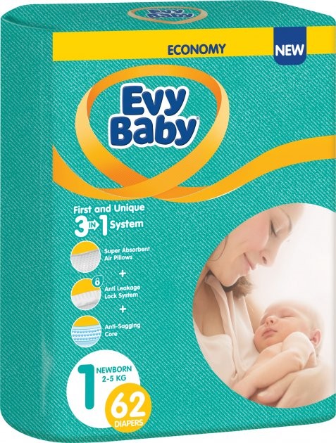 Подгузники Эви Бэби Newborn 2-5кг №1 (62 шт) ЭкономПак