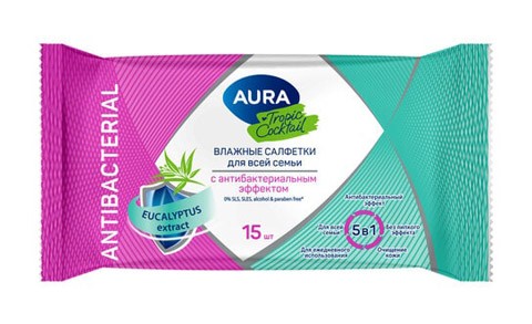 Салфетки влажные AURA Tropic Coctail Антибактериальные №15