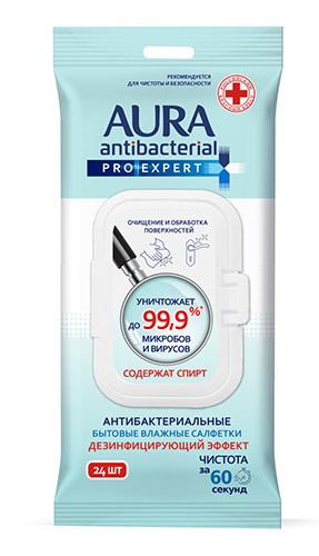 Салфетки влажные AURA Антибактериальные Pro-Expert №24 с клапаном