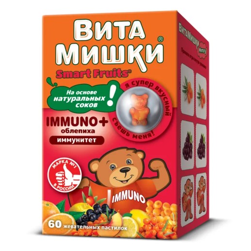 ВитаМишки Immuno + Облепиха и вит.D №60 жеват.пастилок с Апельс, персик, виног. и лимонным вк