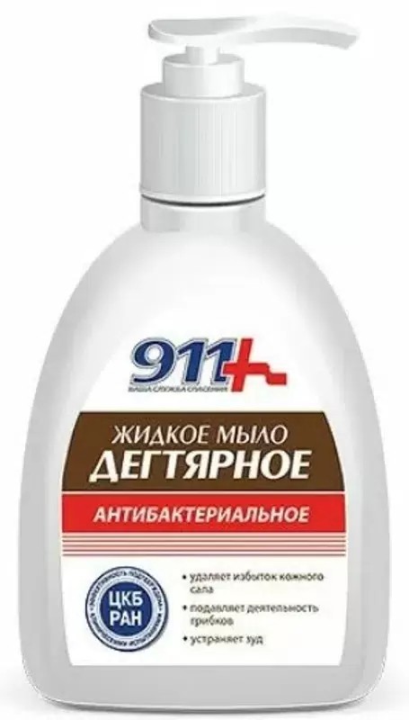911 Дегтярное антибактериальное мыло жидкое 250мл (флакон с дозатором)