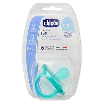 Соска-пустышка CHICCO FhysioSoft силиконовая Голубая (0-6мес)
