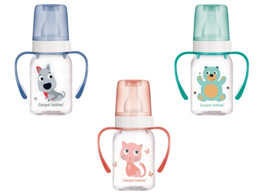 CANPOL - Бутылочка пластиковая 120мл с ручкой Милые Животные
